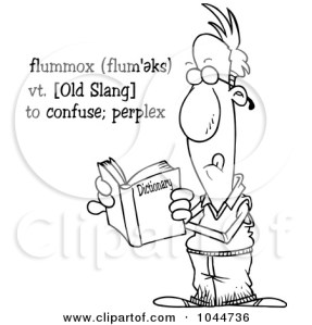 1044736-Royalty-Free-RF-Clip-Art-Illustration-Of-A-Cartoon-Black-And-White-Outline-Design-Of-A-Man-Reading-The-Definition-Of-Flummox-In-The-Dictionary